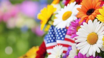 Vibrant flowers petunia and hydrangea adorning ceramic pots, complemented by waving american flags representing summer patriotism photo