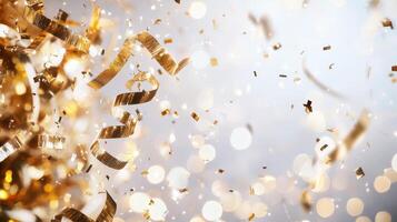 creating confetti falling against a bright abstract background, Golden a celebratory atmosphere for a special event or festive occasion bokeh Copy space for text photo