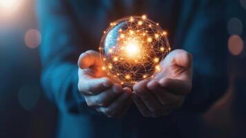 Businessman holding glowing holographic global network and data exchange, symbolizing worldwide communication and connectivity surrounded by network connection icons representing photo