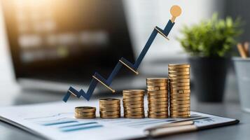 Increasing stacks of coins showing and growth trend with upward arrow on money financial report positive laptop in background photo