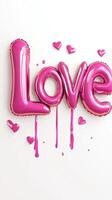 shape Pink foil balloons spelling love and forming heart background, valentine 3d floating weightlessly on pristine white backdrop, conveying romantic sentiment. Vertical format photo