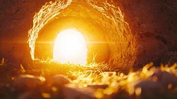 Easter background new sunlight shines from christianity entrance of empty tomb at sunrise, symbolizing religion resurrection and Bright life, 4K photo