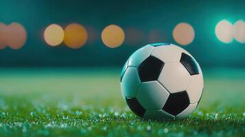 casting ball resting on verdant grass, stadium lights Soccer dramatic shadows nighttime sky, highlighting spherical icon of sport football photo