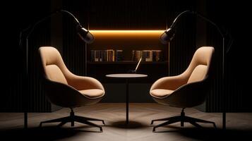 Modern recording podcast studio armchairs flanking for microphones podcast, creating intimate talk show staging sleek professional dialogue photo