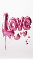 3d Pink foil balloons spelling love and forming heart shape valentine background, floating Vertical on pristine white backdrop, conveying romantic sentiment. weightlessly format photo