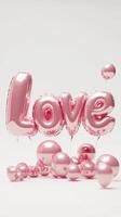 3d Pink foil balloons spelling love and forming heart shape valentine background, floating on weightlessly pristine white backdrop, conveying romantic sentiment. Vertical format photo