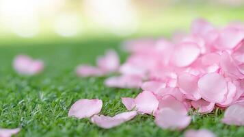 Delicate sakura pink blossom petals scattered across verdant grass, basking in golden spring time sunlight green background space for text photo