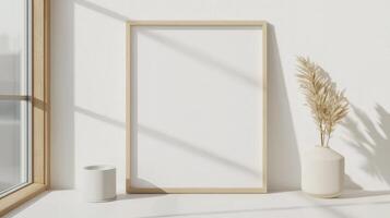 Stylish interior design with empty frame poster mockup, pampas decor in vase, modern grass on shelf and sunlight shadows on white wall Scandinavian style photo