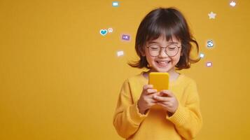 Young digital wearing glasses browsing smartphone, engaging with social media while smiling and enjoying girl communication photo