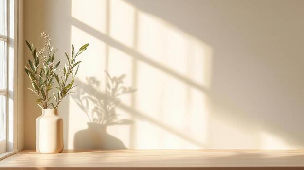 Sunlight illuminating white wall in empty the with potted plant casting room on shadows floor and wall photo