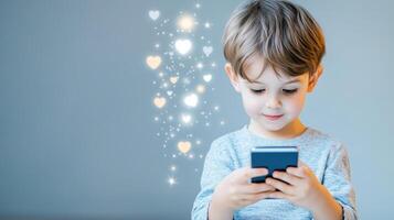 digital boy interacting with mobile Child hearts symbolizing love and connection in phone, age photo