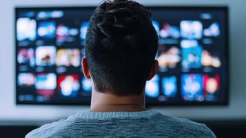 Back view of fan man watching football match and making bets at bookmaker's website in front of TV screen home photo