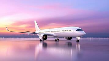 White and gold passenger runway commercial landing on a wet airport airplane during sunset, reflecting vibrant colors in the beautiful evening sky photo