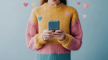 scrolling smiling Woman brightly, through social media notifications on smartphone, experiencing digital validation and joy like photo