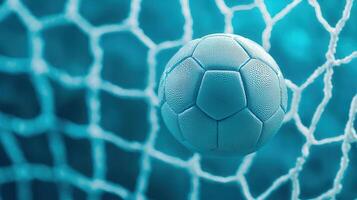 Soccer leather ball football play striking net during championship match, symbolizing game winning momentum with powerful impact sport photo