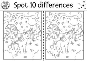 Unicorn black and white find differences game for children. Fairytale line activity with horse with horn, magic forest. Cute coloring page puzzle for kids with funny fantasy character vector