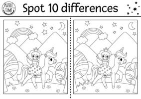 Unicorn black and white find differences game for children. Line activity with fairy girl riding horse on fairytale background. Coloring page puzzle for kids with funny fantasy characters vector