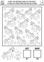 Unicorn black and white logic game with right and left concept for kids. Line I spy searching, counting activity with cute horse. Fairytale printable space orientation worksheet, coloring page vector