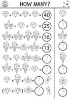 Fairytale black and white how many crystals game, equation or rebus. Unicorn line math activity. Magic world printable counting worksheet or coloring page for kids with ice cream, butterfly, horn vector