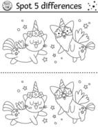 Find differences black and white game for children with unicorn cat and dog. Fairytale line activity with funny animals with horns. Cute coloring page puzzle for kids with funny fantasy characters vector