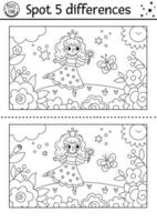 Unicorn black and white find differences game. Fairytale line activity with fairy girl dancing on meadow with magic wand, on flower background. Cute coloring page puzzle for kids vector