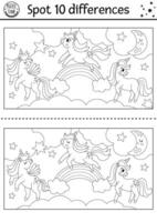 Black and white find differences game for children with unicorns. Fairytale line activity with horse with horn, rainbow, magic landscape background. Coloring puzzle for kids with fantasy character vector
