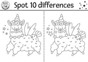 Black and white find differences game for children with unicorn llama. Fairytale line activity with funny alpaca with horn. Cute puzzle for kids. Printable worksheet, coloring page vector