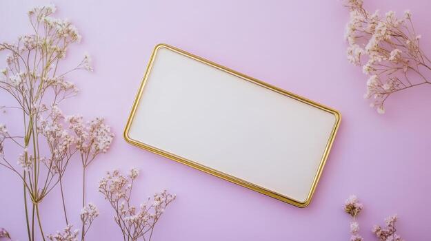 Elegant rectangular frame surrounded by delicate dried flowers on a soft purple background in a well-lit setting photo