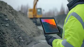 Construction worker uses tablet to monitor site activity amidst machinery and earth piles during a foggy day in a busy construction zone photo
