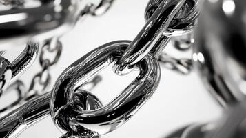 Close-up view of shiny metal chain links showcasing strength and interconnection in a studio setting photo
