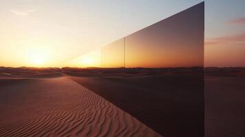 Reflection of sunset sky on a large mirror wall standing in the desert, showcasing the contrast of nature and modern art at golden hour photo
