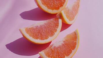 Freshly sliced grapefruit arranged stylishly on a pastel pink background creates a vibrant summer atmosphere photo