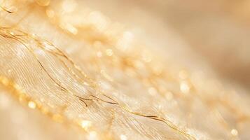 Close-up view of shimmering golden fibers on a delicate surface under soft lighting in an elegant setting photo