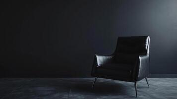 Elegant black armchair positioned against a dark wall in a minimalist interior, emphasizing modern design and simplicity during late evening hours photo
