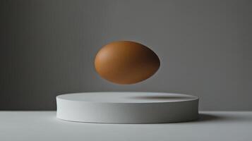 A brown egg hovers gracefully above a circular white platform, all set against a minimalistic background featuring gentle, soft shadows photo
