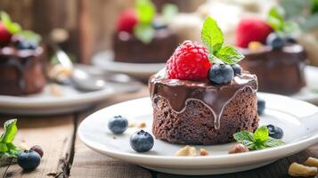 Decadent chocolate cake topped with fresh raspberries and blueberries served on a rustic wooden table during a sunny afternoon photo