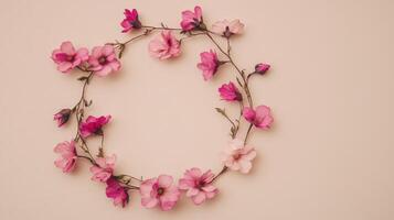 Floral wreath made of pink and fuchsia blossoms arranged on a light background creating a serene decorative piece photo