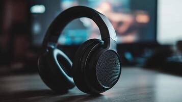 High-quality headphones placed on a wooden desk in a cozy room with a computer screen illuminated in the background during the evening hours photo