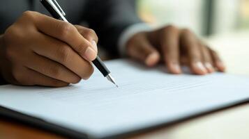 A person is diligently writing on an important document while seated at a desk in a professional office environment during daylight hours photo