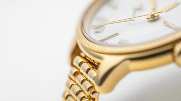 Close-up of an elegant gold wristwatch highlighting craftsmanship and design with a classic white dial and sophisticated link bracelet photo