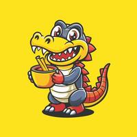 Adorable Green Crocodile Munching on Noodles for a Cute and Playful Mascot Logo vector