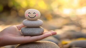 Stacked stones with a smiling rock held in hand during a serene moment in nature, symbolizing happiness and tranquility, surrounded by soft natural light photo