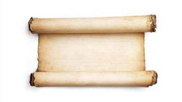 Ancient scroll with weathered texture, showcasing a blank surface perfect for historical manuscript writing or calligraphy practice photo