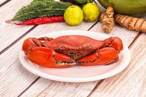 A crab on a plate with vegetables and other food photo