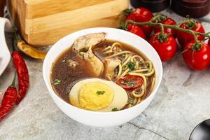 Chicken noodle soup with egg and vegetables photo