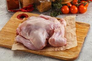 A chicken on a cutting board with spices and tomatoes photo