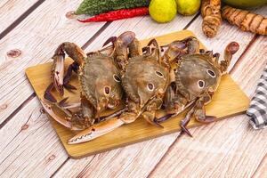 A wooden table with crabs and other vegetables photo