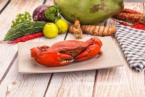 A plate with a crab on it and some vegetables photo