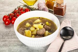 A bowl of soup with meat and potatoes on a table photo