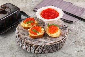 A plate with some food on it and a bowl of red caviar photo